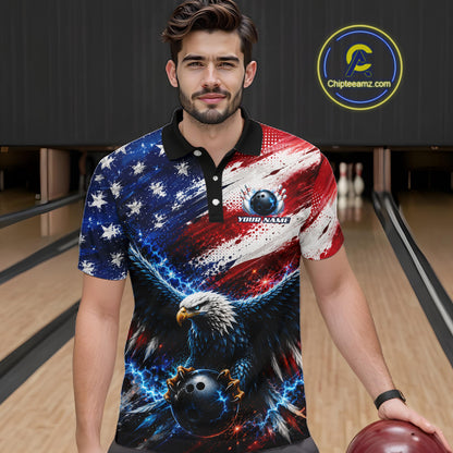 Male bowler wearing Thunder Eagle bowling shirt representing courage, leadership, victory, patriotic bowling league apparel, personalized tournament jersey.