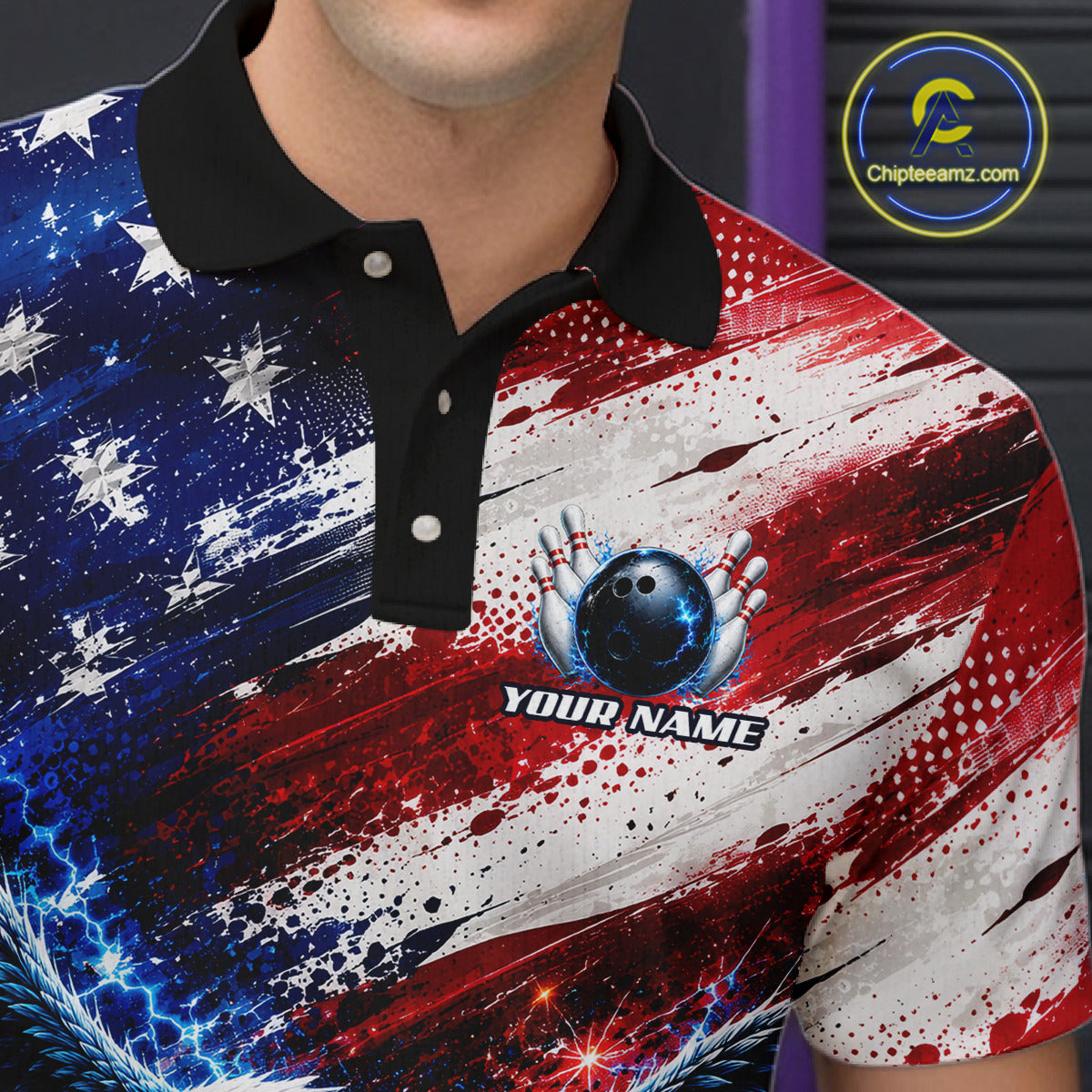 Male bowler wearing Thunder Eagle bowling shirt representing courage, leadership, victory, patriotic bowling league apparel, personalized tournament jersey.