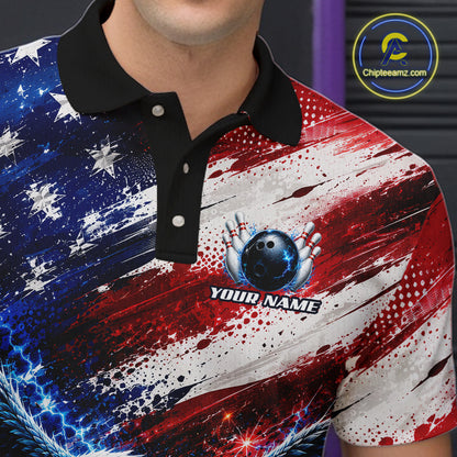 Male bowler wearing Thunder Eagle bowling shirt representing courage, leadership, victory, patriotic bowling league apparel, personalized tournament jersey.