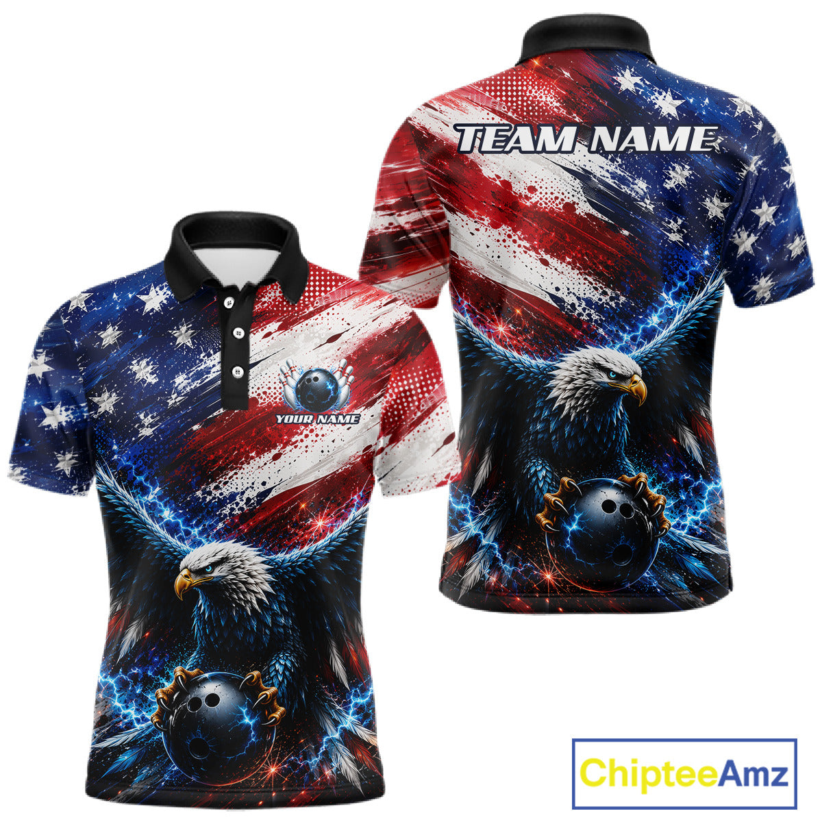 Man wearing Thunder American Flag Eagle Bowling Polo, custom bowling jersey, American eagle design, performance polo shirt, personalized team apparel, patriotic bowling uniform.