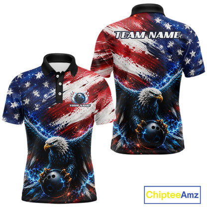 Man wearing Thunder American Flag Eagle Bowling Polo, custom bowling jersey, American eagle design, performance polo shirt, personalized team apparel, patriotic bowling uniform.