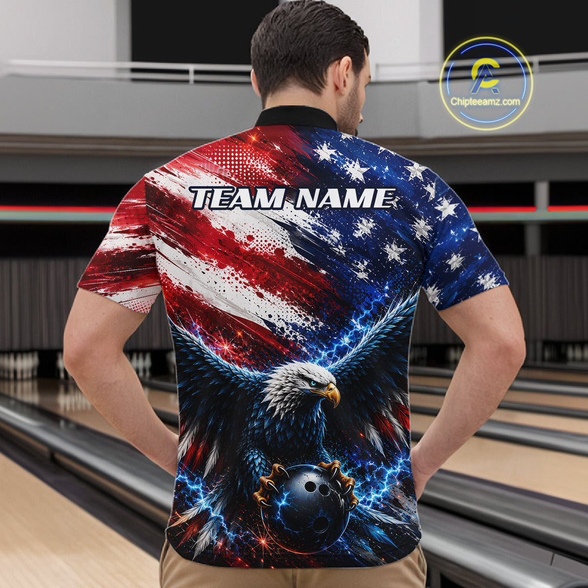Male bowler wearing Thunder Eagle bowling shirt representing courage, leadership, victory, patriotic bowling league apparel, personalized tournament jersey.