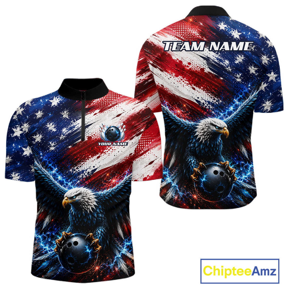 Man wearing Thunder Eagle Quarter-Zip Bowling Shirt featuring bold eagle, lightning effects, custom bowling team name, performance jersey, USA patriotic sportswear.