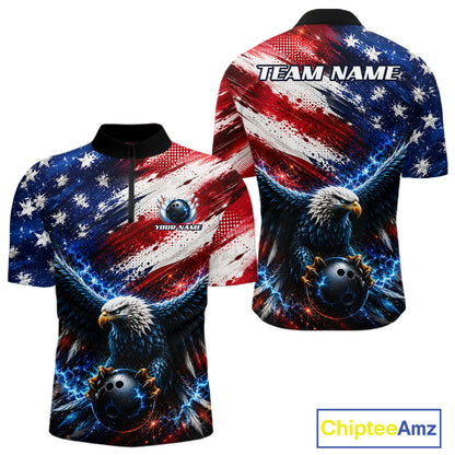 Man wearing Thunder Eagle Quarter-Zip Bowling Shirt featuring bold eagle, lightning effects, custom bowling team name, performance jersey, USA patriotic sportswear.