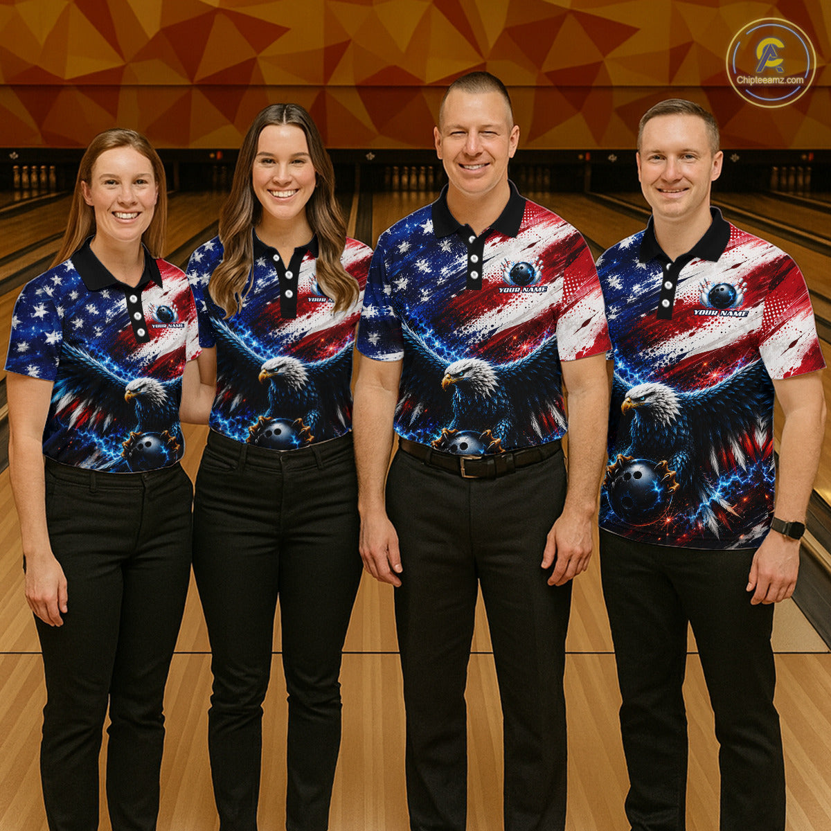 Custom Thunder American Flag Eagle Mens Bowling Team Shirt, Patriotic Bowling Tournament Jersey NYN3770
