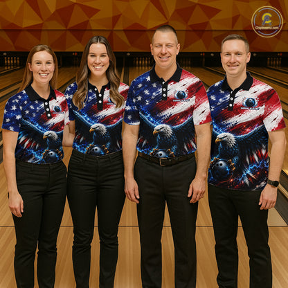 Custom Thunder American Flag Eagle Mens Bowling Team Shirt, Patriotic Bowling Tournament Jersey NYN3770