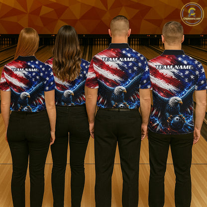 Custom Thunder American Flag Eagle Mens Bowling Team Shirt, Patriotic Bowling Tournament Jersey NYN3770
