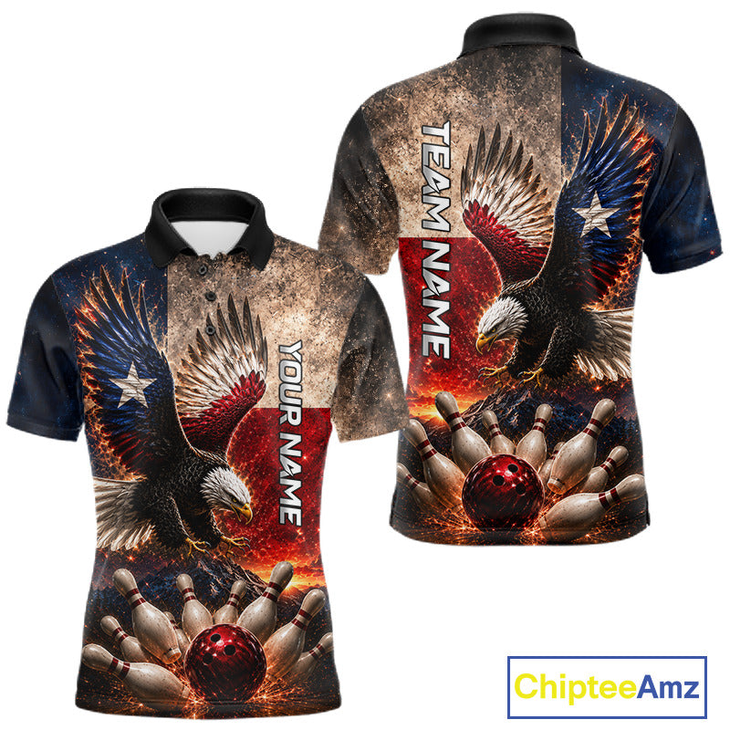 Texas Flag Eagle bowling polo, custom bowling team shirt, patriotic Texas apparel, performance sports jersey, personalized bowling uniform.