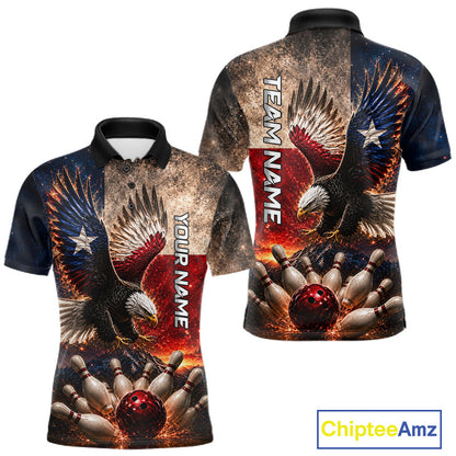 Texas Flag Eagle bowling polo, custom bowling team shirt, patriotic Texas apparel, performance sports jersey, personalized bowling uniform.