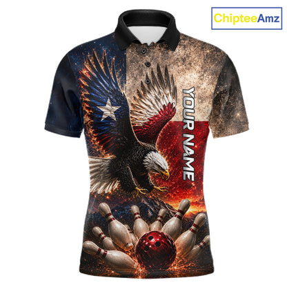 Texas Flag Eagle bowling polo, custom bowling team shirt, patriotic Texas apparel, performance sports jersey, personalized bowling uniform.
