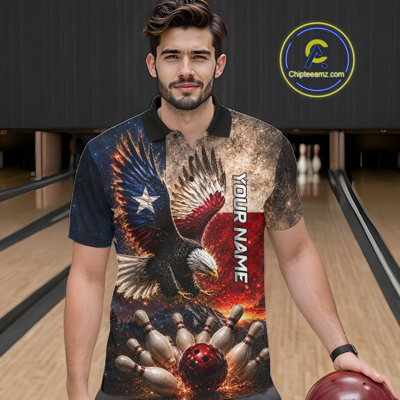 Male bowler wearing Texas eagle bowling jersey, Texas heritage sportswear, personalized league apparel, patriotic bowling clothing.