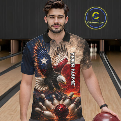 Male bowler wearing Texas eagle bowling jersey, Texas heritage sportswear, personalized league apparel, patriotic bowling clothing.