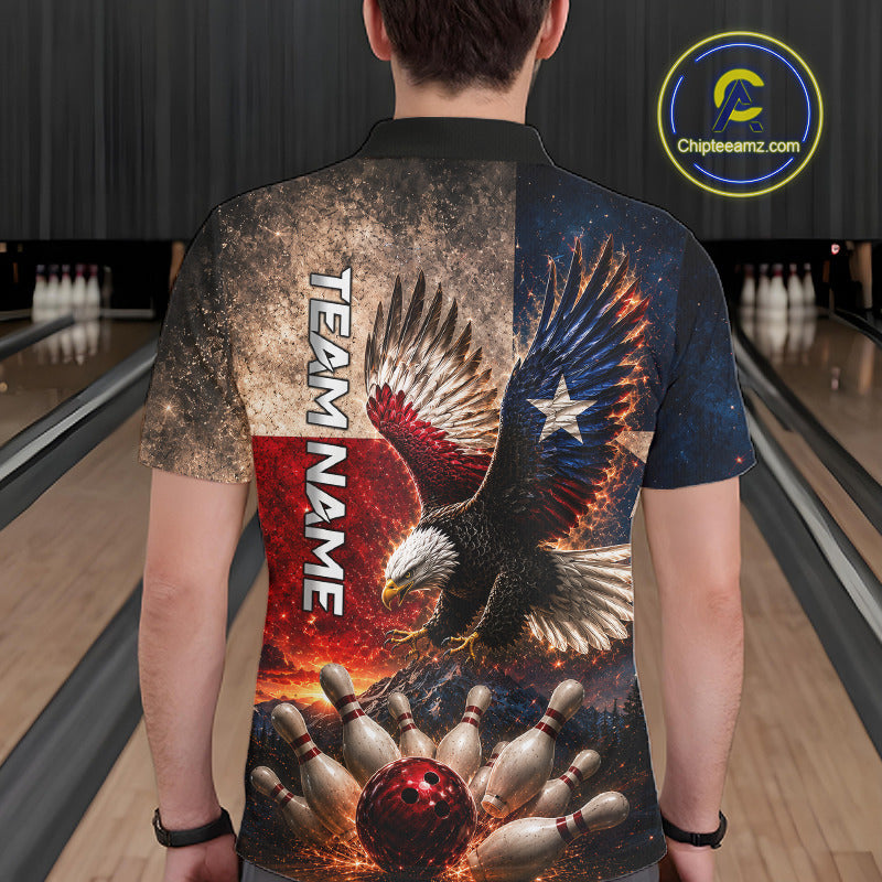 Male bowler wearing Texas eagle bowling jersey, Texas heritage sportswear, personalized league apparel, patriotic bowling clothing.