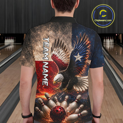 Male bowler wearing Texas eagle bowling jersey, Texas heritage sportswear, personalized league apparel, patriotic bowling clothing.