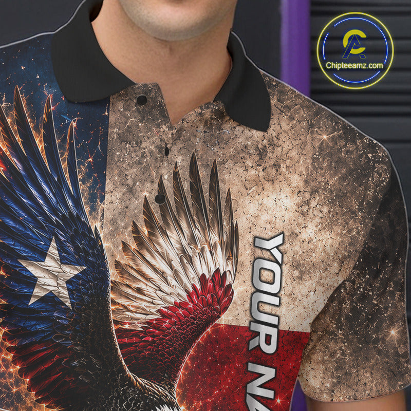 Male bowler wearing Texas eagle bowling jersey, Texas heritage sportswear, personalized league apparel, patriotic bowling clothing.