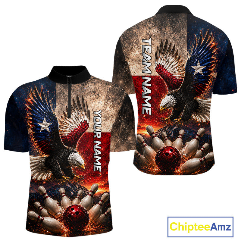 Texas Flag Eagle Quarter-Zip Bowling Shirt with Lone Star eagle artwork, personalized bowling team uniform, quick-dry athletic jersey.