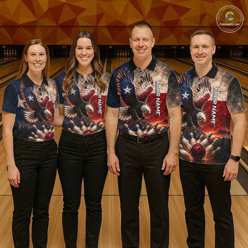Bowling team wearing matching Texas Flag Eagle jerseys, custom team uniforms, Texas pride apparel, patriotic bowling championship clothing, southern sports fashion, state pride symbolism.
