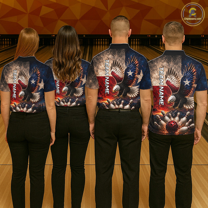 Bowling team wearing matching Texas Flag Eagle jerseys, custom team uniforms, Texas pride apparel, patriotic bowling championship clothing, southern sports fashion, state pride symbolism.