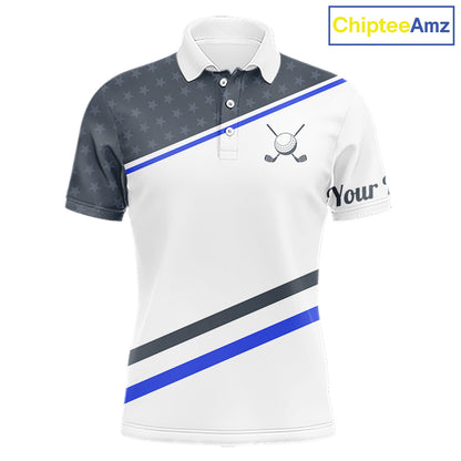 Mens Golf Polo Shirt Custom US Flag Grey Blue Golf Shirt Patriotic Polo Team Clothing Attire NYN4448