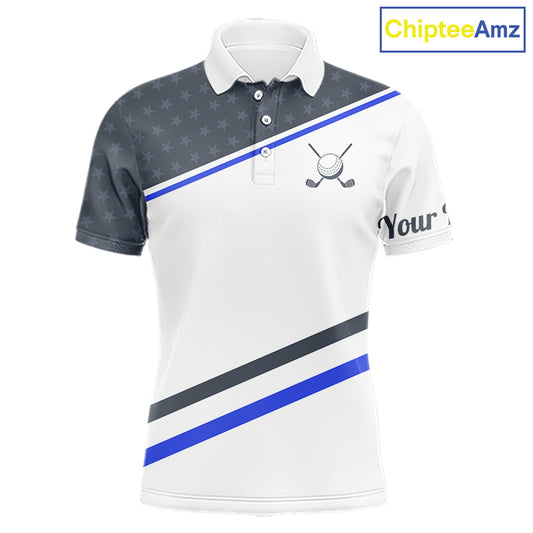 Mens Golf Polo Shirt Custom US Flag Grey Blue Golf Shirt Patriotic Polo Team Clothing Attire NYN4448