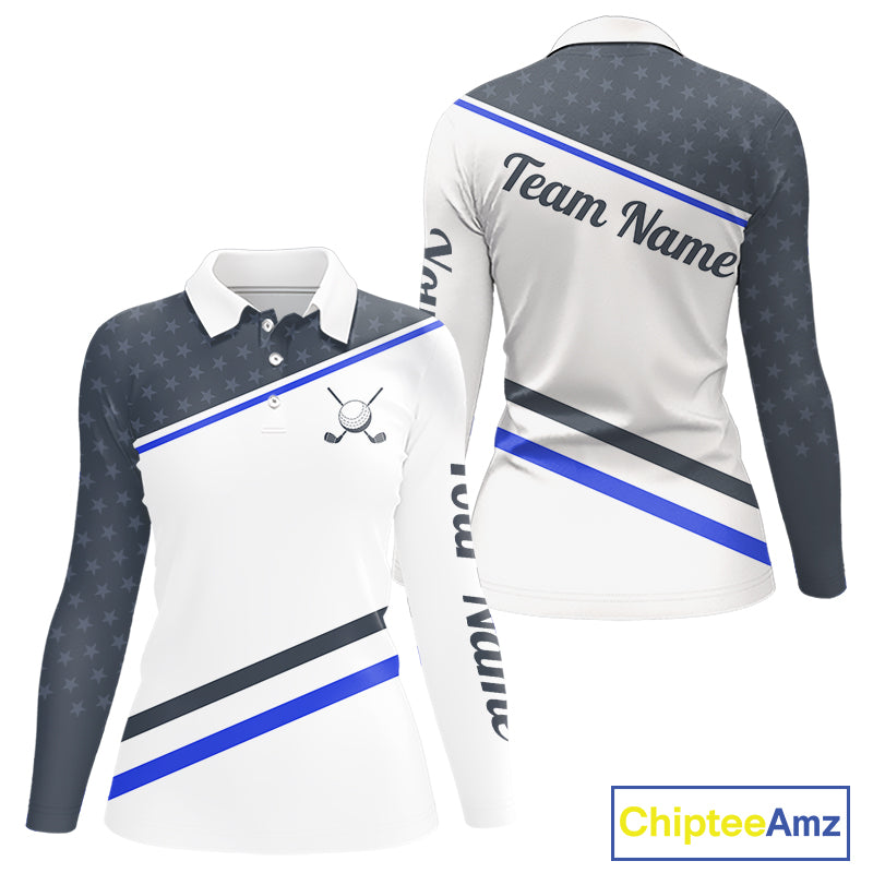 Women Golf Polo Shirt Custom US Flag Grey Blue Golf Shirt Patriotic Polo Team Clothing Attire NYN4448