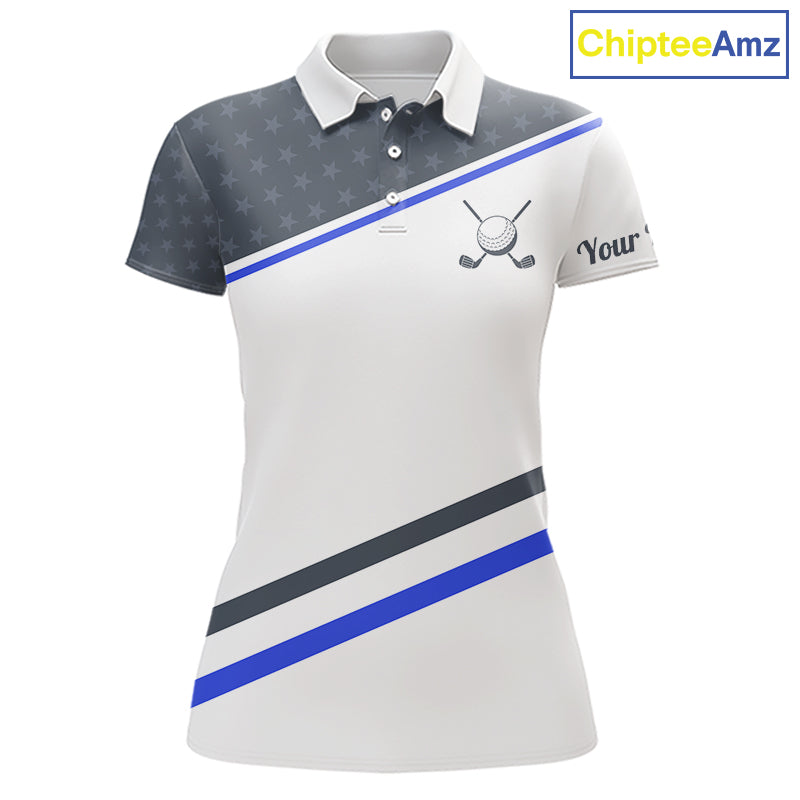 Women Golf Polo Shirt Custom US Flag Grey Blue Golf Shirt Patriotic Polo Team Clothing Attire NYN4448