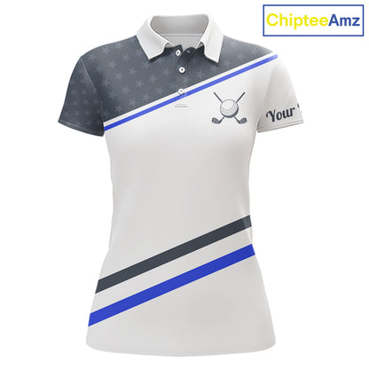 Women Golf Polo Shirt Custom US Flag Grey Blue Golf Shirt Patriotic Polo Team Clothing Attire NYN4448