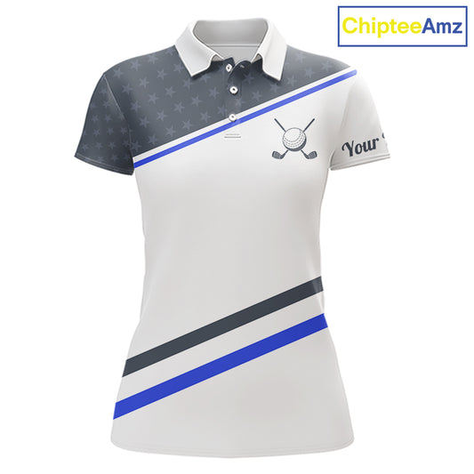Women Golf Polo Shirt Custom US Flag Grey Blue Golf Shirt Patriotic Polo Team Clothing Attire NYN4448