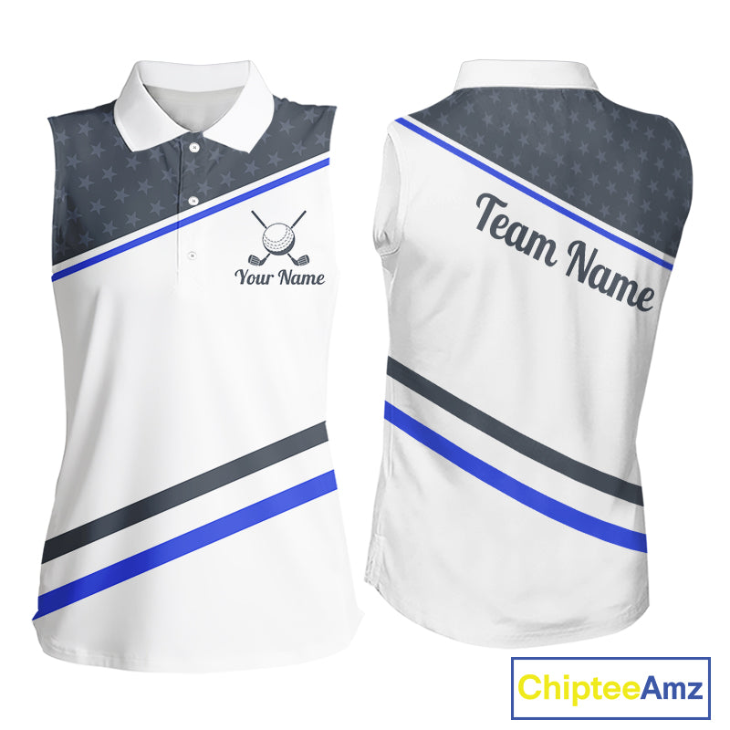Women Golf Sleeveless Polo Shirt Custom US Flag Grey Blue Golf Shirt Patriotic Team Clothing Attire NYN4448