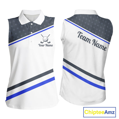 Women Golf Sleeveless Polo Shirt Custom US Flag Grey Blue Golf Shirt Patriotic Team Clothing Attire NYN4448