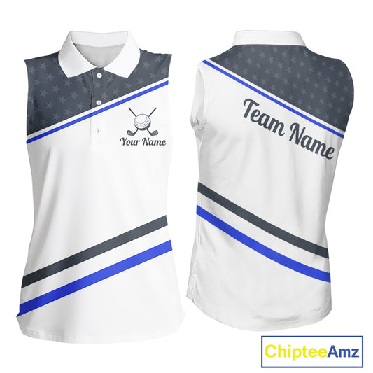 Women Golf Sleeveless Polo Shirt Custom US Flag Grey Blue Golf Shirt Patriotic Team Clothing Attire NYN4448