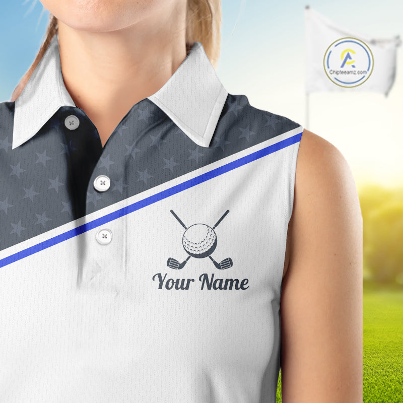 Women Golf Sleeveless Polo Shirt Custom US Flag Grey Blue Golf Shirt Patriotic Team Clothing Attire NYN4448