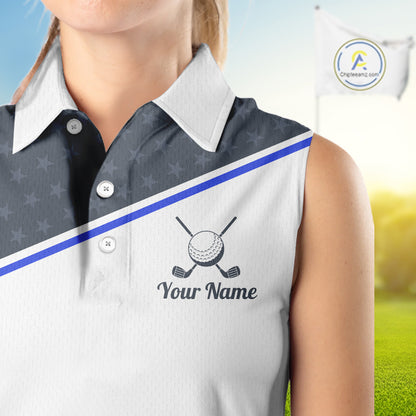 Women Golf Sleeveless Polo Shirt Custom US Flag Grey Blue Golf Shirt Patriotic Team Clothing Attire NYN4448