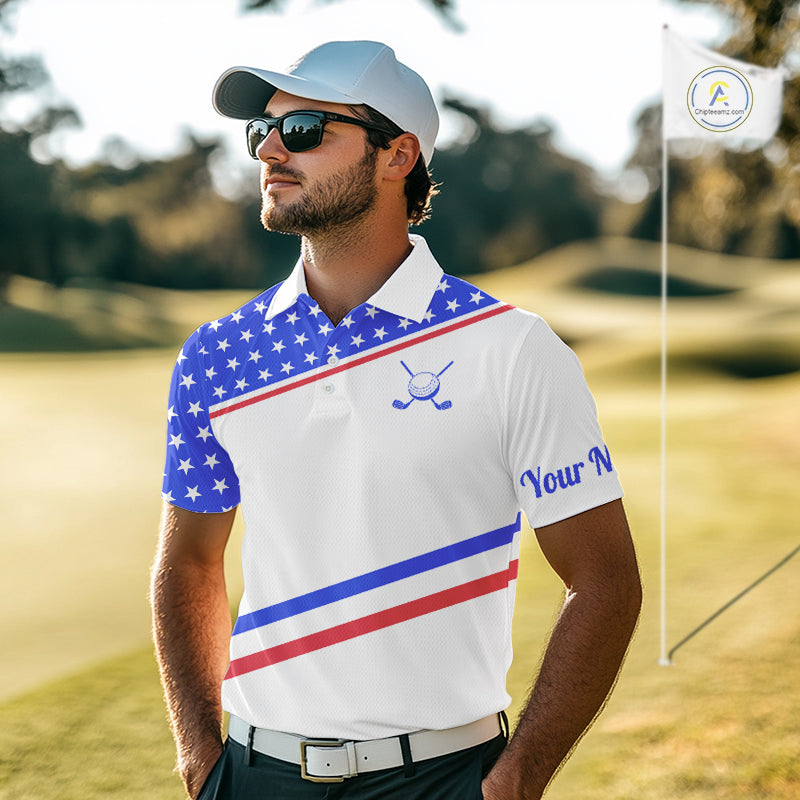 Mens Golf Polo Shirt Custom US Flag Red Blue Golf Shirt Patriotic Polo Team Clothing Attire NYN4449
