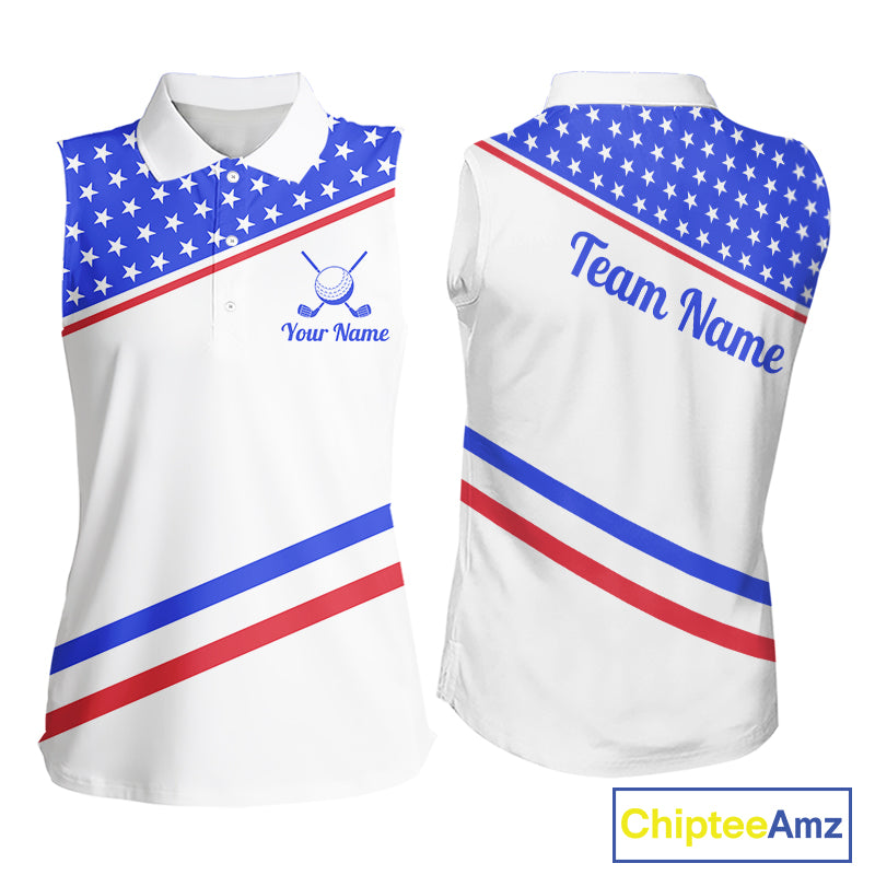 Women Golf Sleeveless Polo Shirt Custom US Flag Red Blue Golf Shirt Patriotic Team Clothing Attire NYN4449