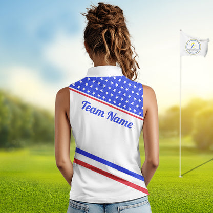 Women Golf Sleeveless Polo Shirt Custom US Flag Red Blue Golf Shirt Patriotic Team Clothing Attire NYN4449