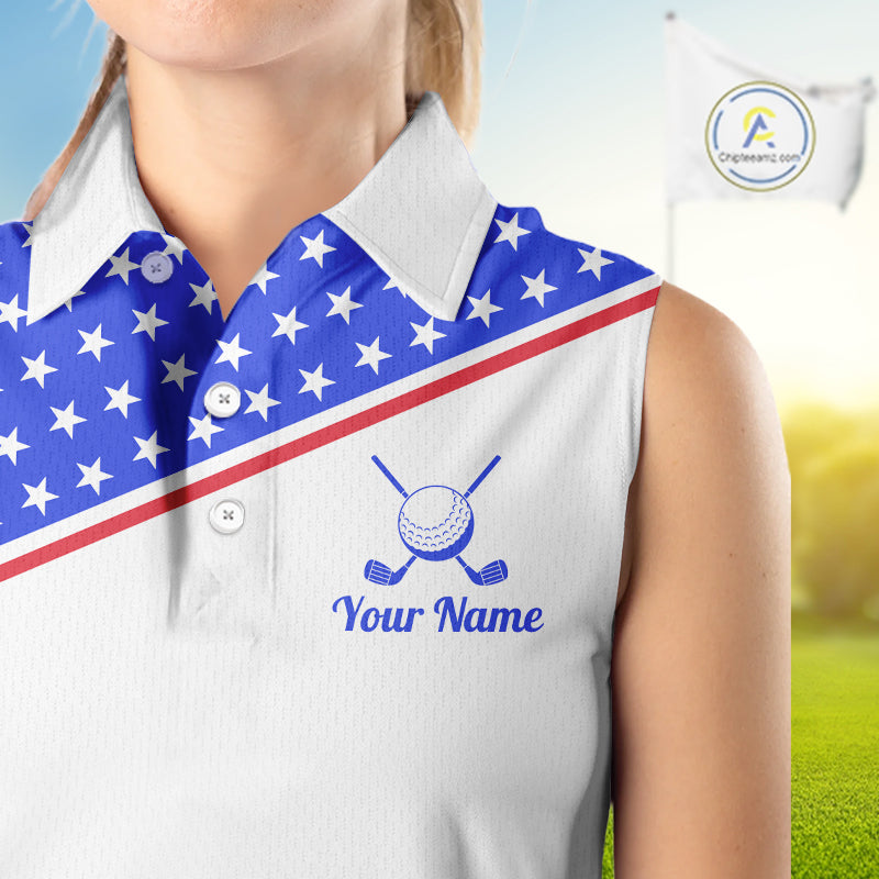 Women Golf Sleeveless Polo Shirt Custom US Flag Red Blue Golf Shirt Patriotic Team Clothing Attire NYN4449