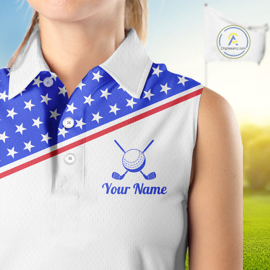 Women Golf Sleeveless Polo Shirt Custom US Flag Red Blue Golf Shirt Patriotic Team Clothing Attire NYN4449