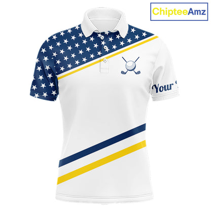 Mens Golf Polo Shirt Custom US Flag Yellow Navy Golf Shirt Patriotic Polo Team Clothing Attire NYN4450