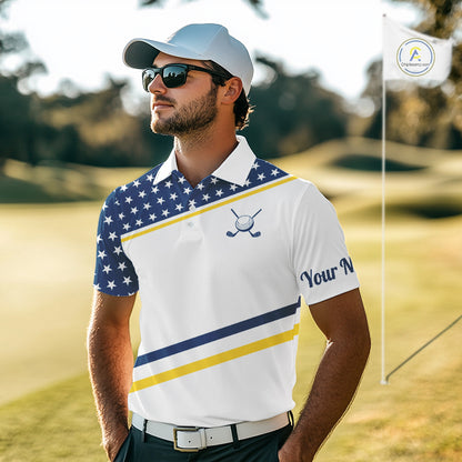 Mens Golf Polo Shirt Custom US Flag Yellow Navy Golf Shirt Patriotic Polo Team Clothing Attire NYN4450
