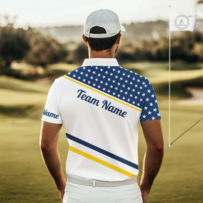 Mens Golf Polo Shirt Custom US Flag Yellow Navy Golf Shirt Patriotic Polo Team Clothing Attire NYN4450