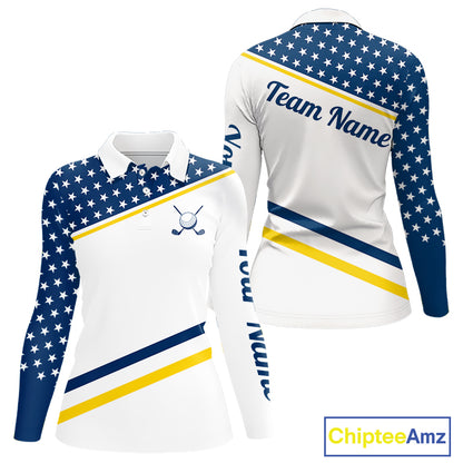 Women Golf Polo Shirt Custom US Flag Yellow Navy Golf Shirt Patriotic Polo Team Clothing Attire NYN4450