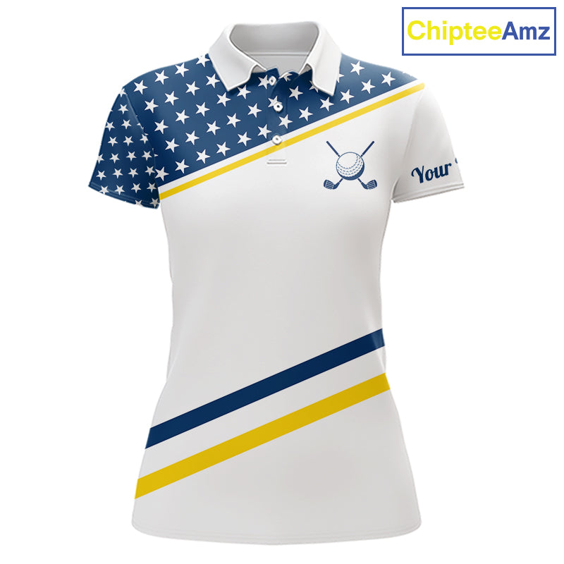 Women Golf Polo Shirt Custom US Flag Yellow Navy Golf Shirt Patriotic Polo Team Clothing Attire NYN4450