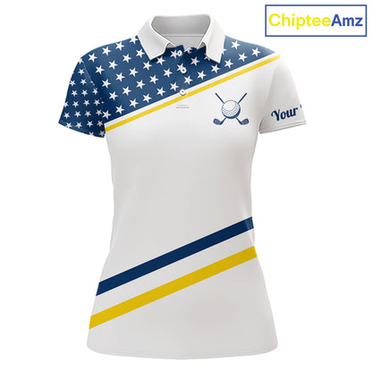 Women Golf Polo Shirt Custom US Flag Yellow Navy Golf Shirt Patriotic Polo Team Clothing Attire NYN4450