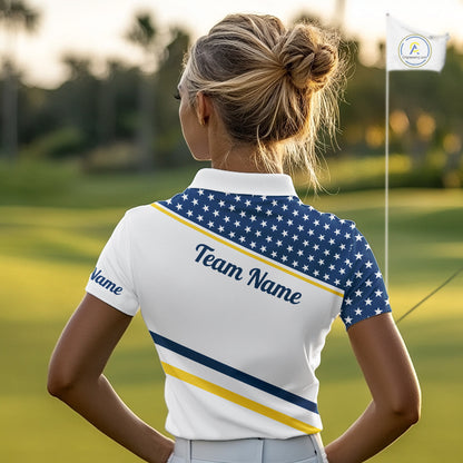 Women Golf Polo Shirt Custom US Flag Yellow Navy Golf Shirt Patriotic Polo Team Clothing Attire NYN4450