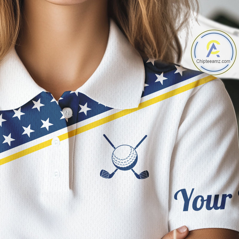 Women Golf Polo Shirt Custom US Flag Yellow Navy Golf Shirt Patriotic Polo Team Clothing Attire NYN4450