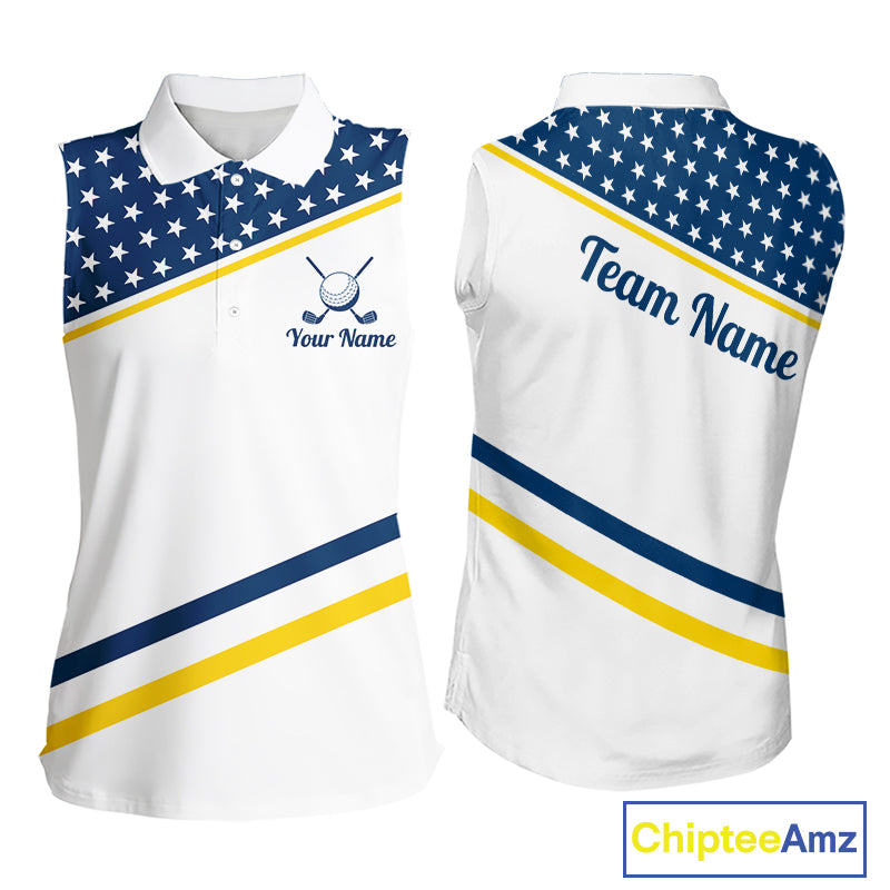 Women Golf Sleeveless Polo Shirt Custom US Flag Yellow Navy Golf Shirt Patriotic Team Clothing Attire NYN4450