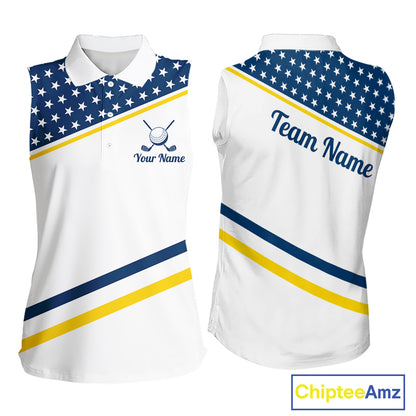 Women Golf Sleeveless Polo Shirt Custom US Flag Yellow Navy Golf Shirt Patriotic Team Clothing Attire NYN4450