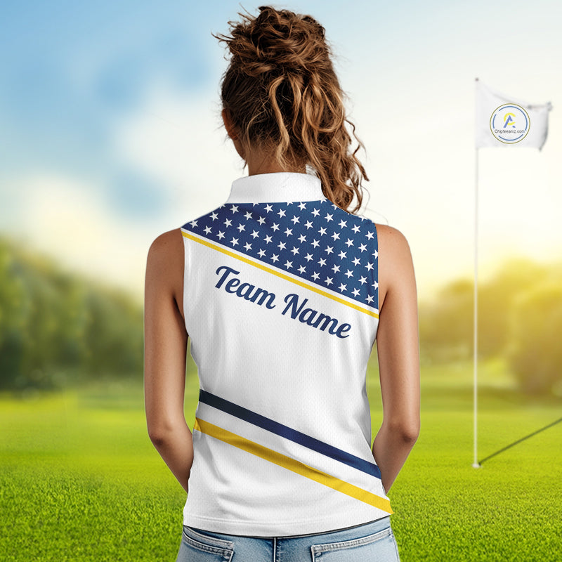 Women Golf Sleeveless Polo Shirt Custom US Flag Yellow Navy Golf Shirt Patriotic Team Clothing Attire NYN4450