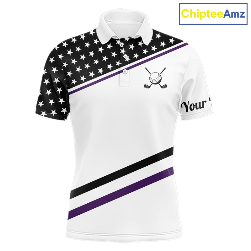Mens Golf Polo Shirt Custom US Flag Black Purple Golf Shirt Patriotic Polo Team Clothing Attire NYN4451